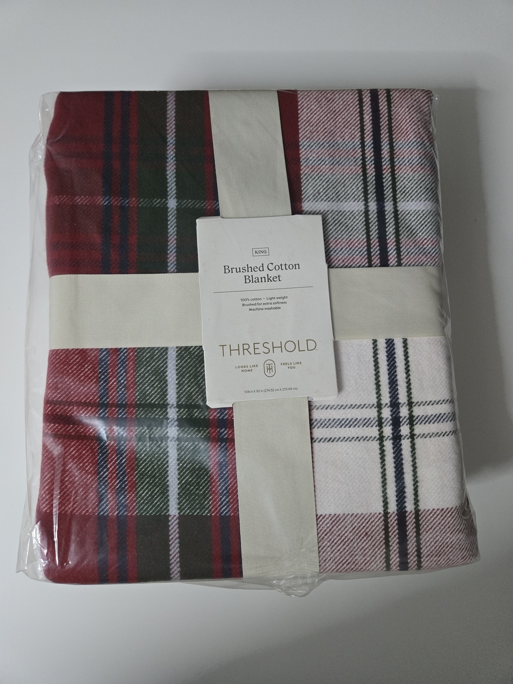 Threshold Brushed Cotton Plaid Blanket - Red, Green, White - King Size